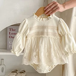 Autumn Spring 0-24M Children Clothes Korean Style Climbing Suit Long Sleeved Cotton Lace Stitching Toddler Baby Girl Romper