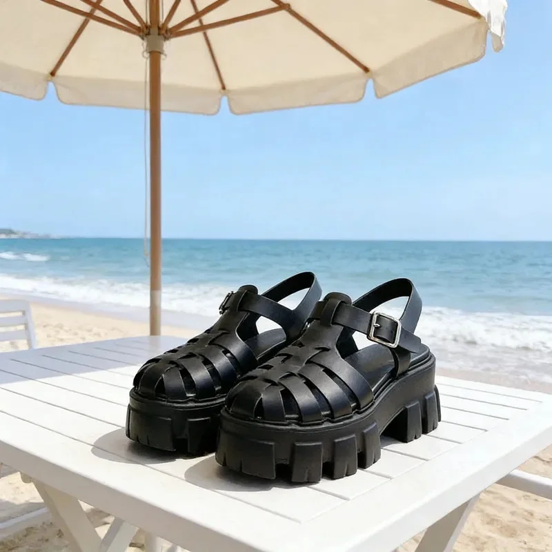 Popular New Black Genuine Leather Women'S Height-Increasing Slippers Personalized High Heels Breathable Women'S Custom Sandals