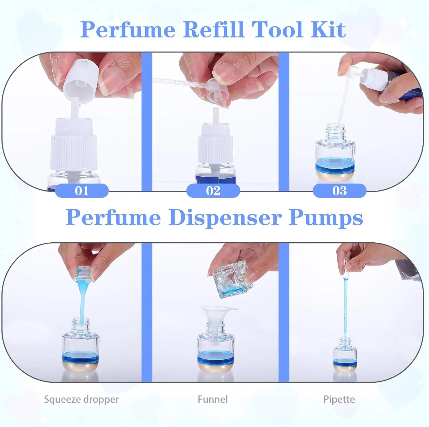 Perfume Refill Pump Tool Set, Transparent Plastic Refillable Perfume Dispenser Transfer Kit, Includes Funnel, Dispensing Pump, Syringe, Dropper, and Squeeze Dropper, Suitable for Cosmetics, Oils, and Liquids