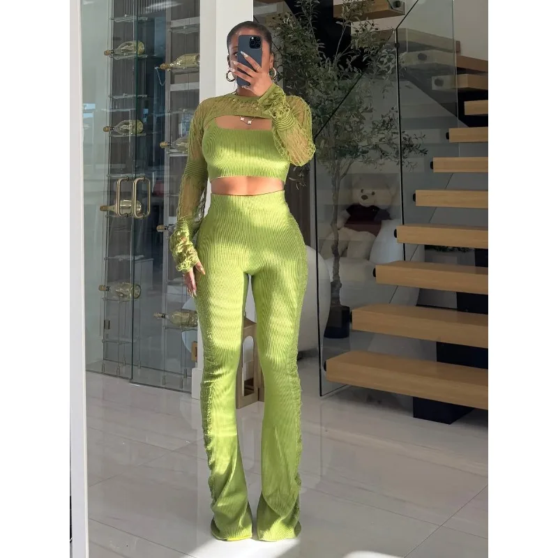 

2025 Autumn Winter Solid Knitted Hollow Out Slim Casual 3 Piece Set Women Full Sleeve Cape Sexy Tank Top Pencil Pants Streetwear