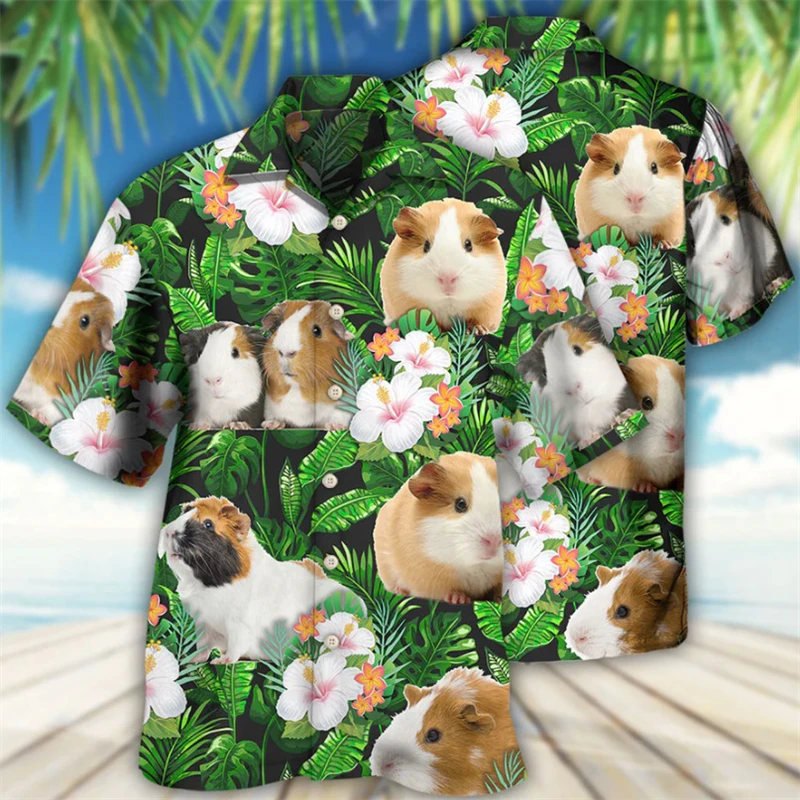 Kaus musim panas mode pria kaus gambar cetak 3d hewan Hamster Hawaii kaus kasual satu kancing lengan pendek kemeja ukuran besar pantai