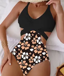 Chest Cross Bikini Set One Pieces Beach Suit Print Flower Swimming set Waist Hollowed Out Bikini