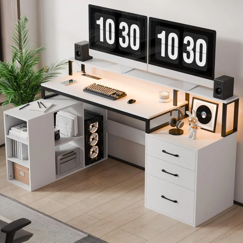 

65.7" L Shaped Desk with Drawers, Corner Computer Gaming Desk with Power Outlet & LED Light, Ergonomic Workstation for Home Offi