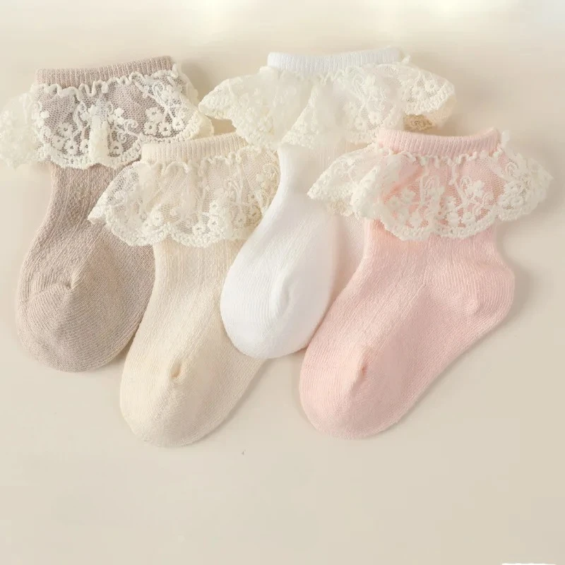 

2025 Fall Spring Cute Baby Girl Socks Korean Style Lace Trim Kids Ankle Socks Soft Cotton Seamless Princess Toddler Socks