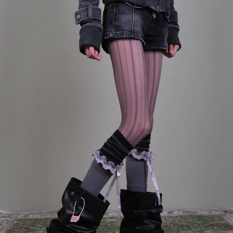 Women Y2K Aesthetic Layered Socks Set, Autumn Winter Retro Spliced Grey Purple Lace-up Thigh High Socks, Harajuku Streetwear