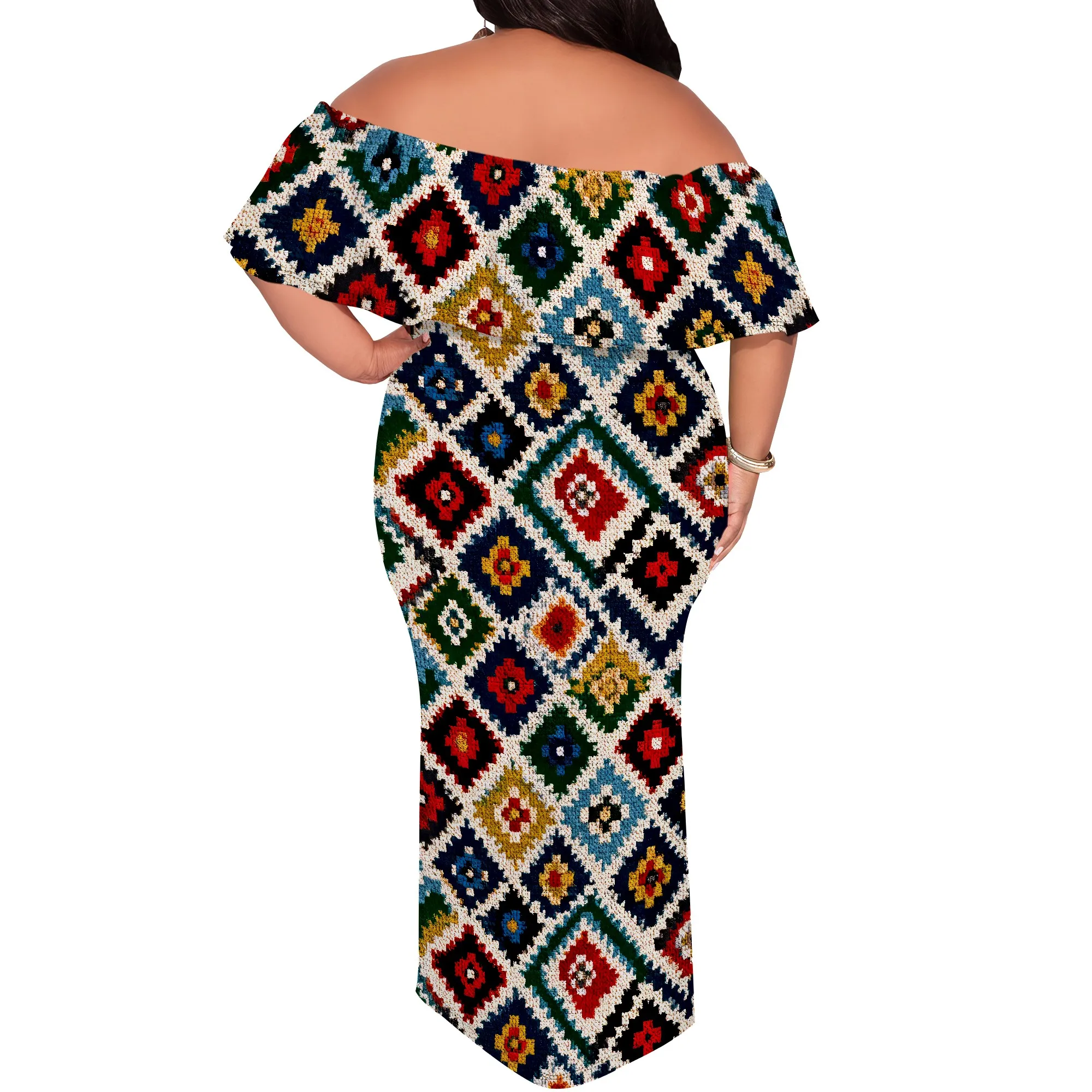 Women's Plus Size Summer Dresses Sexy Casual African Print Off The Shoulder Short Sleeve Ruffle Maxi Dress（XL-6XL）