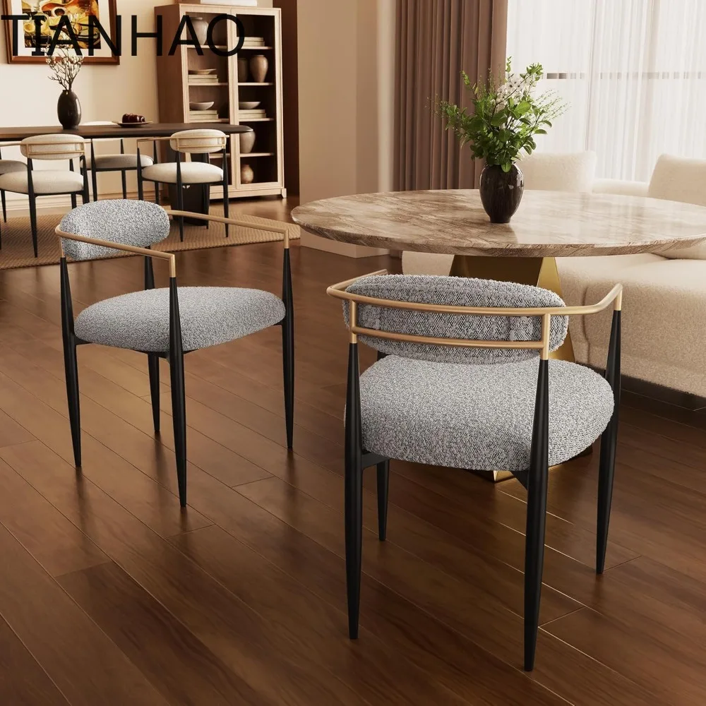 Modern Boucle Dining Chairs Set of 2, Grey Upholstered Dining Chairs with Black Metal Legs and Gold Armrest, Accent Chairs