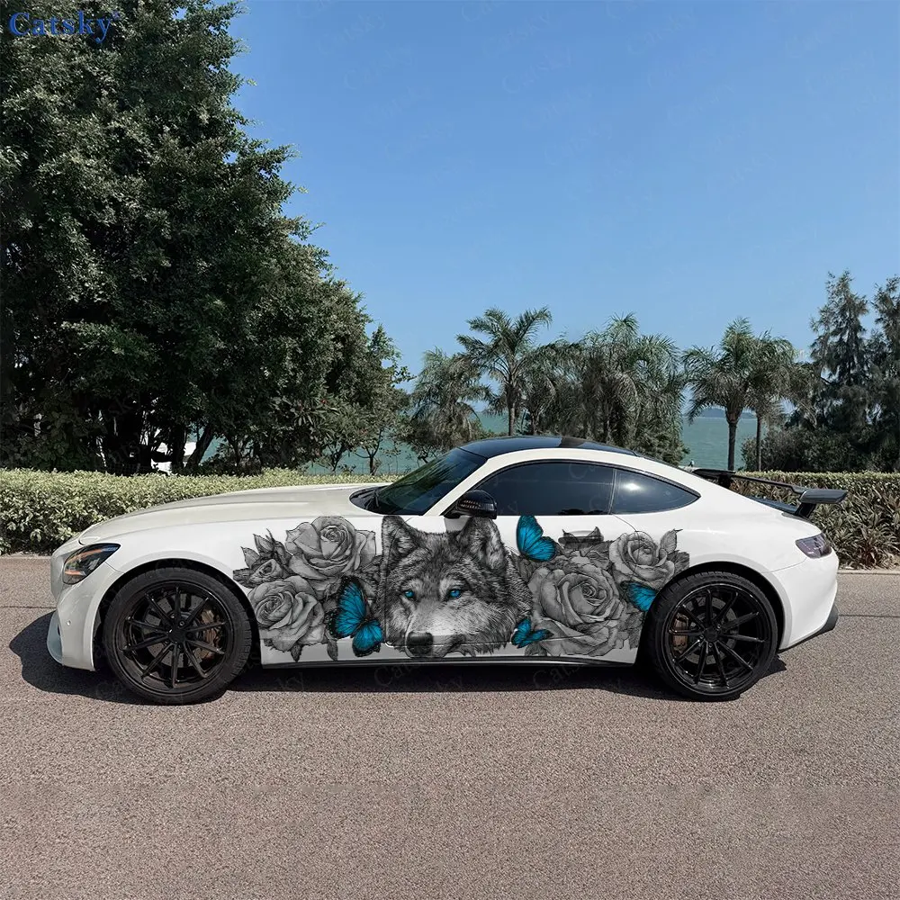 

2pcs Grey Wolf And Butterfly Car Decal Full Body Floral Decoration Scratches Protect Car Decal Waterproof Car Vinyl Wraps