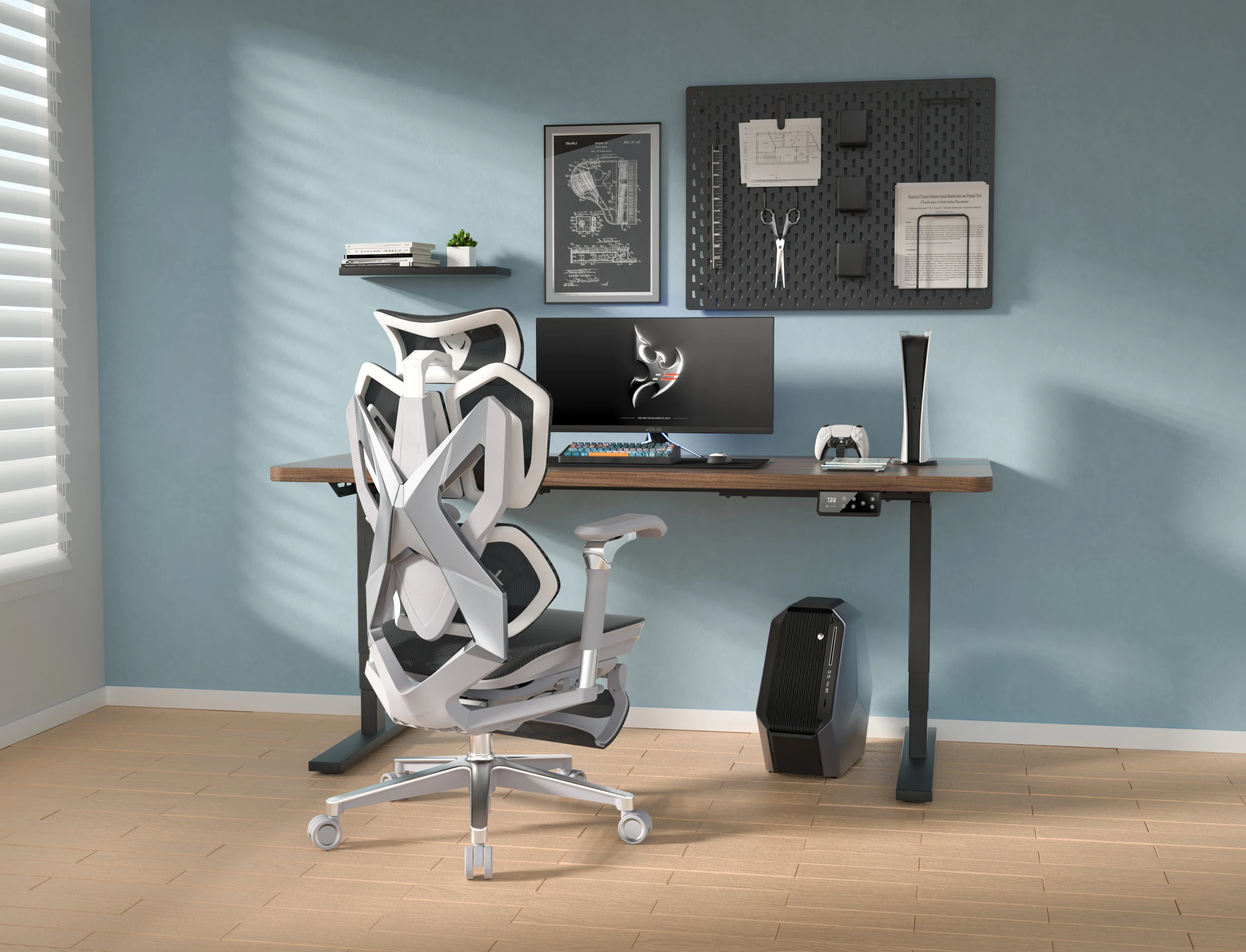 Double-Jointed Adjustable Headrest Grey Pc Rgb Ergonomic Mesh Gaming Chair With Footrest