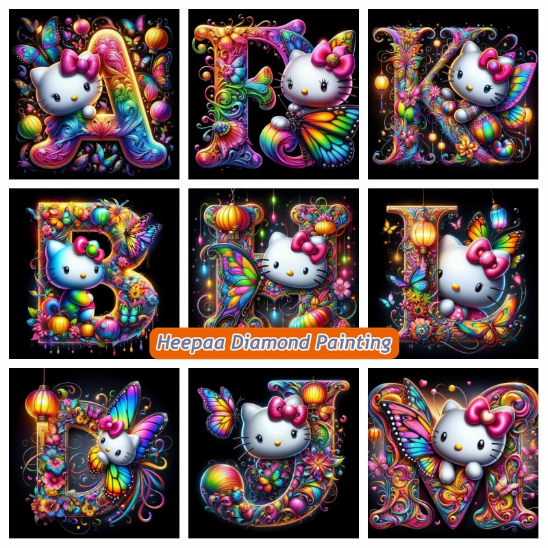 

Наборы для алмазной вышивки 5D: Красочные буквы Hello Kitty с цветами и бабочками, алфавит, вышивка крестом, мозаика, декор для дома