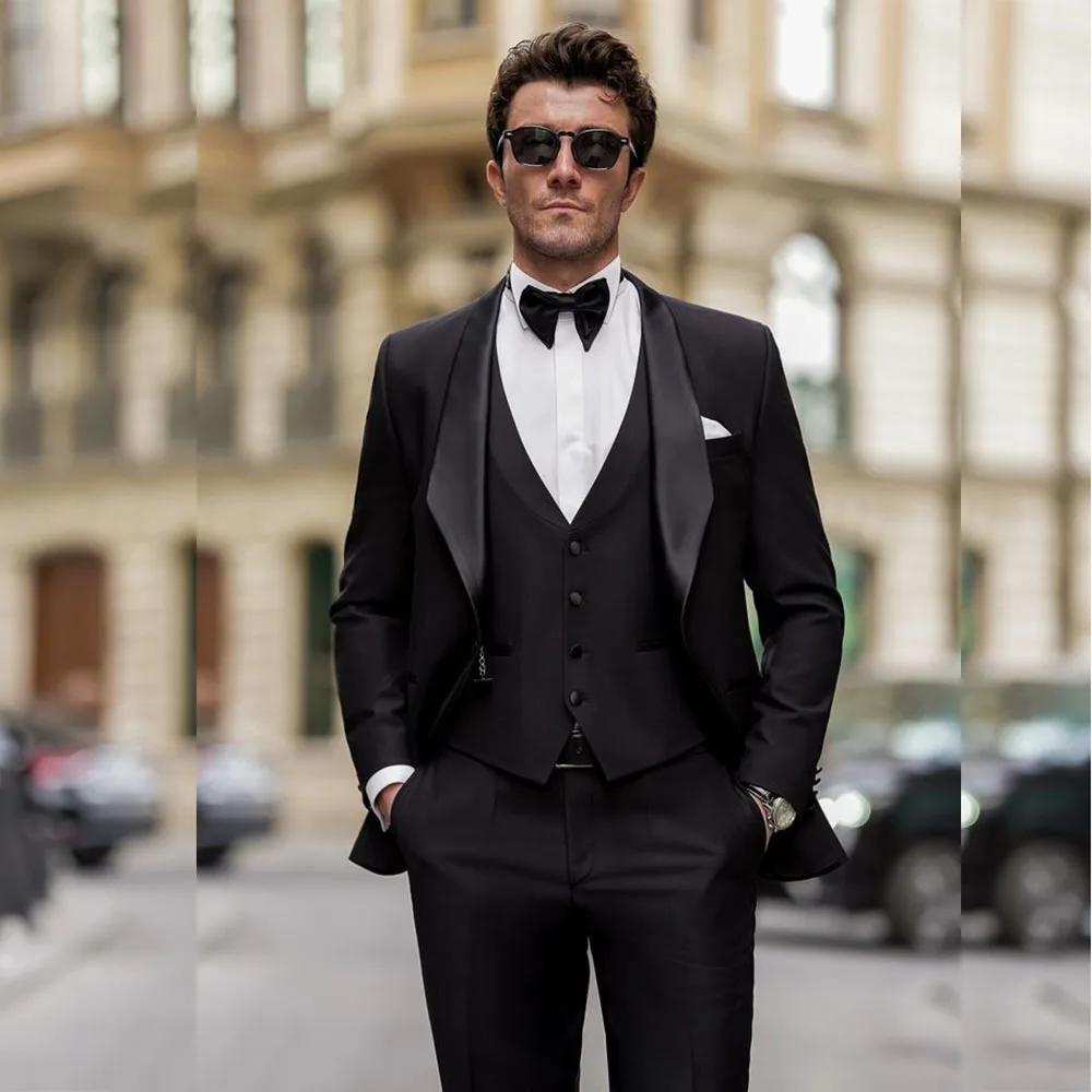 High Quality Black Men's Suits Elegant Wedding Groom Outfits Single Breasted 3 Piece Jacket Pants Vest Costume Homme Terno