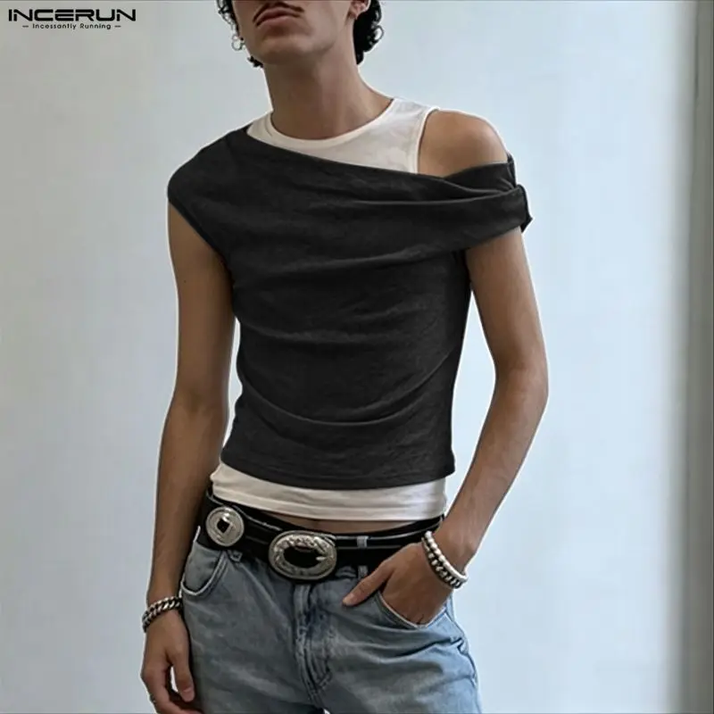 INCERUN Herren Tanktops Einfarbig Ärmellos Schulterfreie Männer-Westen Streetwear Sexy 2026 Mode Lässige Unisex Tops Herrenbekleidung