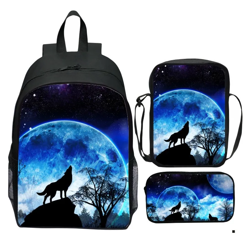 حقيبة ظهر مطبوعة على شكل سماء مرصعة بالنجوم من الكون مكونة من 3 قطع على شكل حيوان وولف أسد حقيبة كتف صغيرة حقيبة أقلام