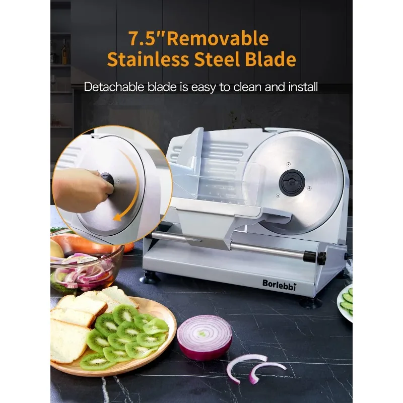 Meat Slicer, 200W Electric Food Slicer with 2 Removable 7.5" Stainless Steel Blades and Stainless Steel Tray