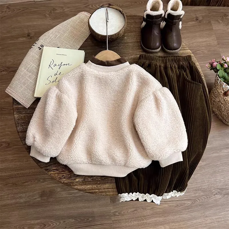 2026 Autumn Winter Thick Warm Clothes Sets Baby Girls Bow Lambswool Sweatshirt+Corduroy Pants 2Pcs Children Sweet Casual Outfits