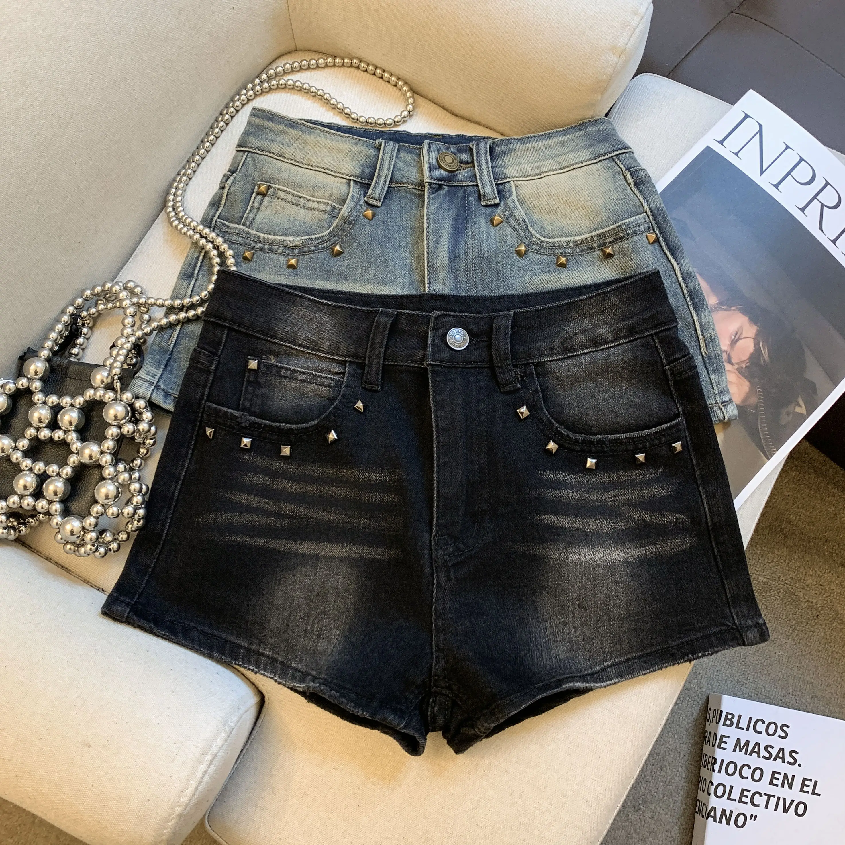 

Женские черно-синие джинсовые шорты с заклепками, уличная одежда в стиле Харадзюку, американские модные ретро-шорты из денима для лета