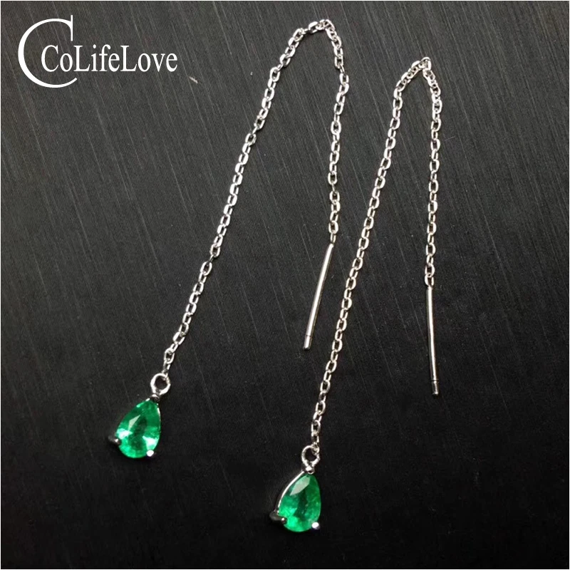 Elegant Silver Emerald Long Drop Earrings for Wedding 4 Mm * 6 Mm Pear Cut Natural Emerald Earrings 925 Silver Emerald Jewelry