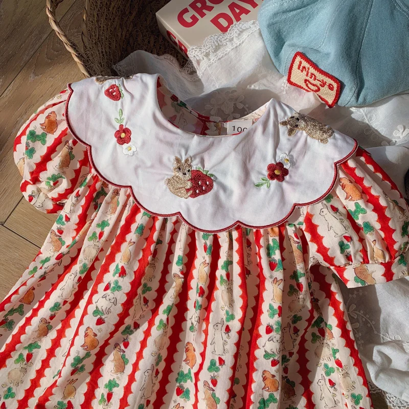 

2025Summer New Floral Collar Rabbit Embroidered Girl's Dress Puff Sleeve Sweet Children's Princess Dress