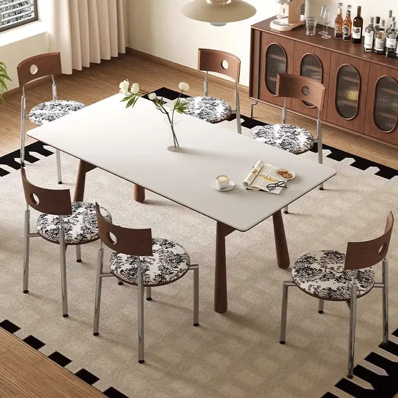 

Medieval Bauhaus rock slab dining table household retro small apartment rectangular solid wood dining table and chair