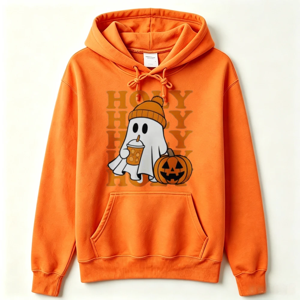 Holy Cute Ghost Pumpkin Spice Latte Graphic Hoodie Unisex Hooded Sweatshirt Halloween Fall Season Long Sleeve Casual Pullover view 5