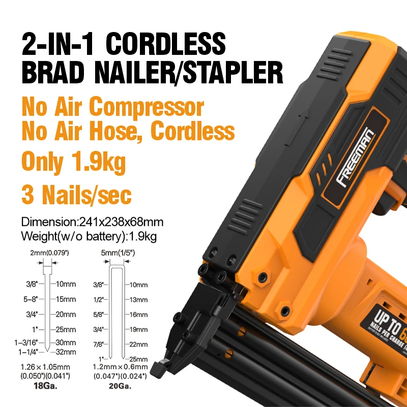 Original brand newFre·eman Portable Electrical Cordless 18Ga F32 425J Upholstery Nail Gun 2 In 1 Nailer and Stapler with 20v Lit