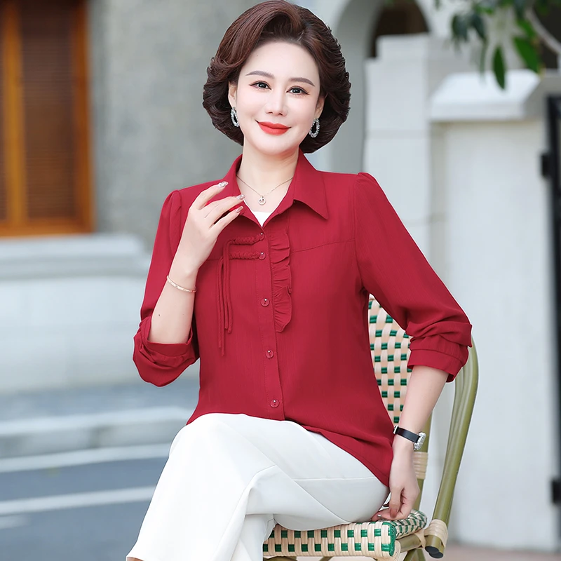 Solid Color Woven Buckle Plus Size Summer Short Sleeved Middle-aged And Elderly Mom Shirt Noble Temperament Linen Loose Fitting