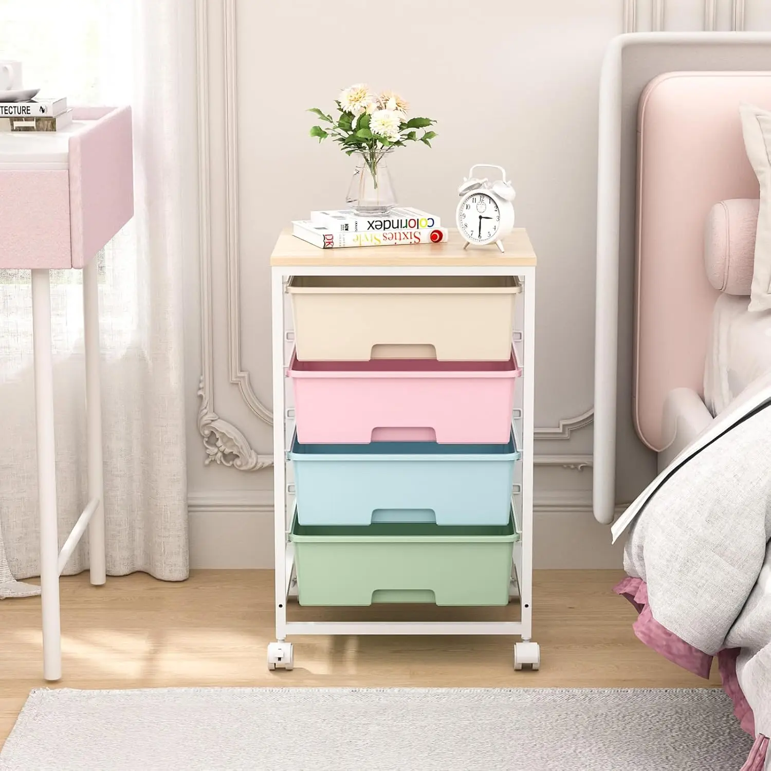 Utility Cart with 4 Drawers,Rolling Storage Cart with Drawers,Storage Rolling Drawer Cart with Wooden Tabletop for Bedroom