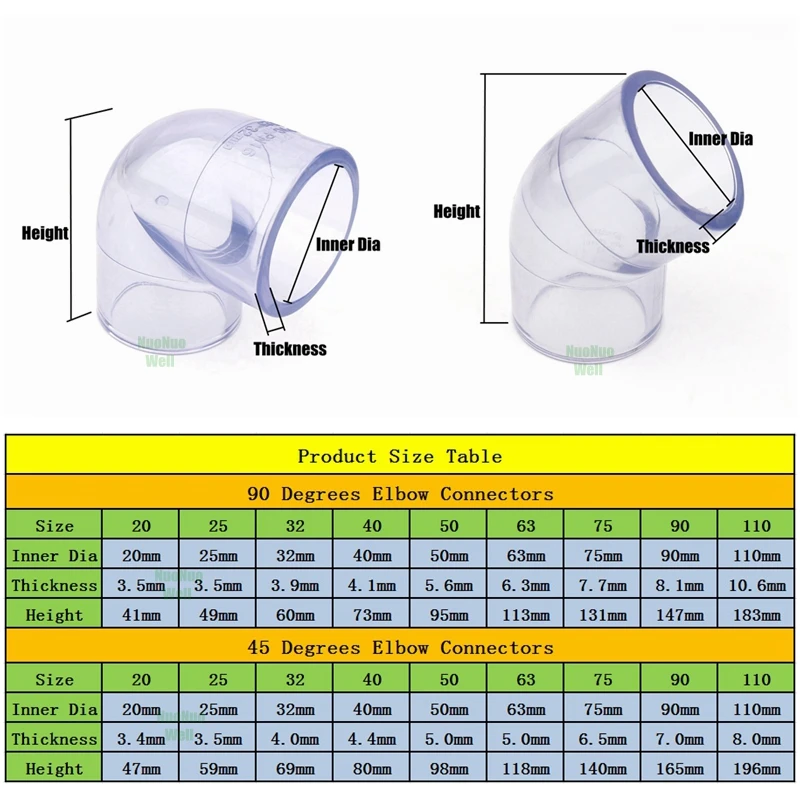 Inner Dia 50-110mm Transparent PVC Connector 45/90 Degrees Elbow Joints Aquarium Tank Garden Irrigation Water Pipe Connectors