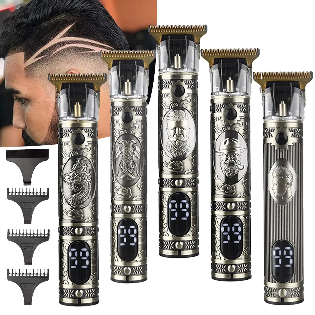 مقص شعر بشاشة رقمية كهربائية ، آلة قص ونحت ، شحن برأس زيت ، مظهر عتيق ، مصفف شعر منزلي