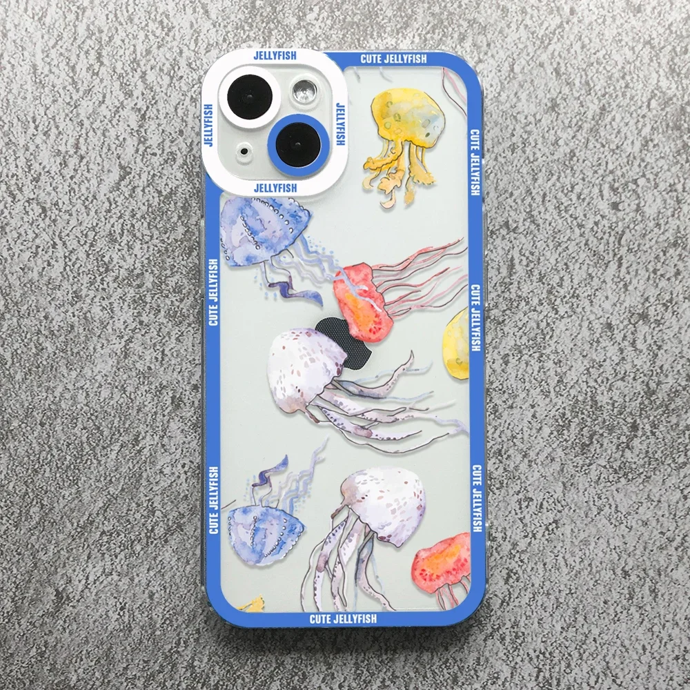 Funny Cartoon Jellyfish Phone Case For iPhone 17 16 15 14 13 12 11 Pro Max Mini Plus 7 8 Air Shockproof Transparent Soft Cover