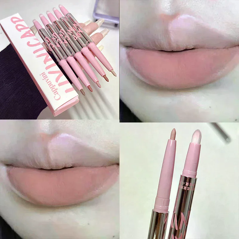 ดินสอเขียนขอบปากเนื้อแมทท์แบบสองหัว 1 ชิ้น พร้อมแปรงทาปากแบบฟูฟ่อง ติดทนนาน เนื้อกำมะหยี่ ลิปสติกเนื้อแมทท์แบบละอองน้ำ สำหรับเขียนขอบปาก