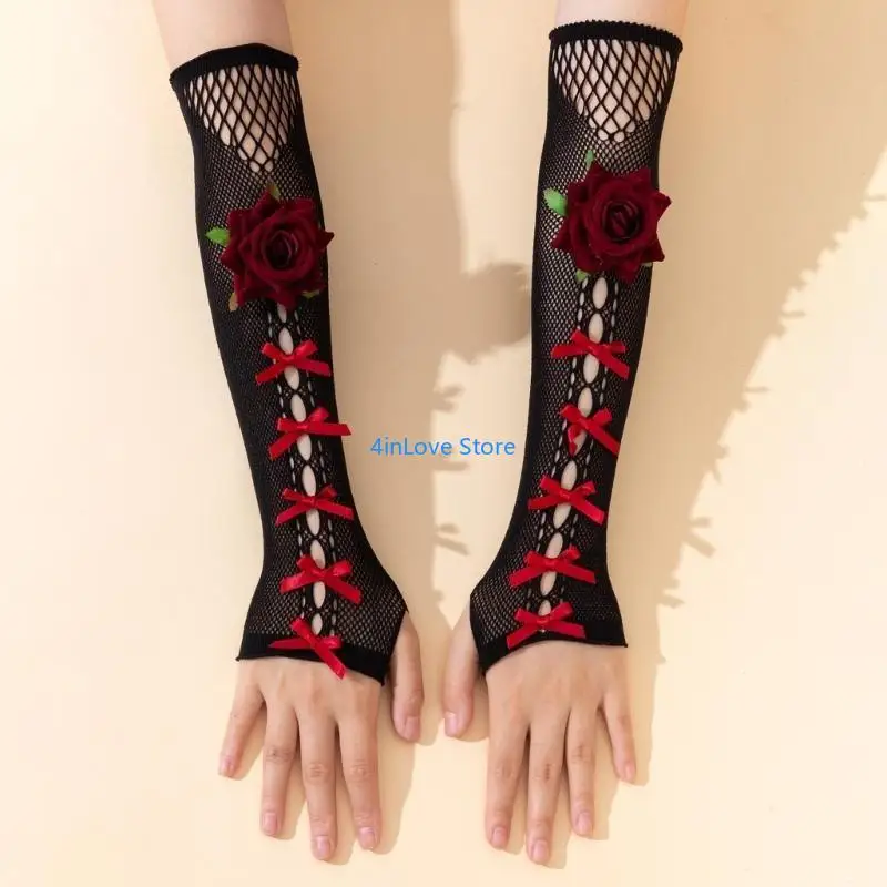 T4MD Bowknot Rose Gloves Women Fingerless Gloves Cool Club Arm Sleeves Party Handwear