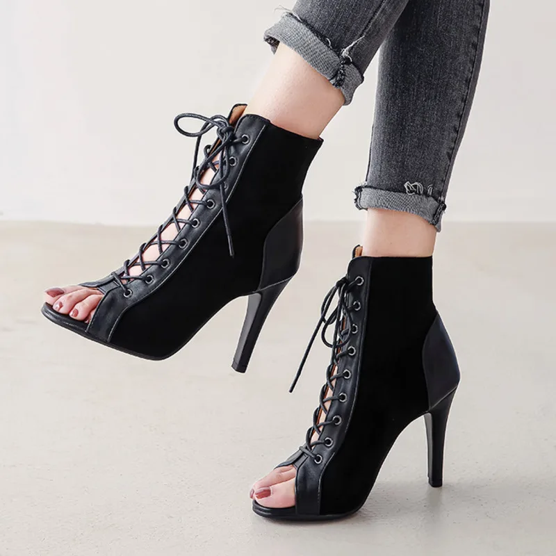 Black Summer High Heels Ankle Boots For Women 2023 Spring Peep Toe Lace Up Pumps Party Jazz Dance Shoes Suede Ladies Large Size