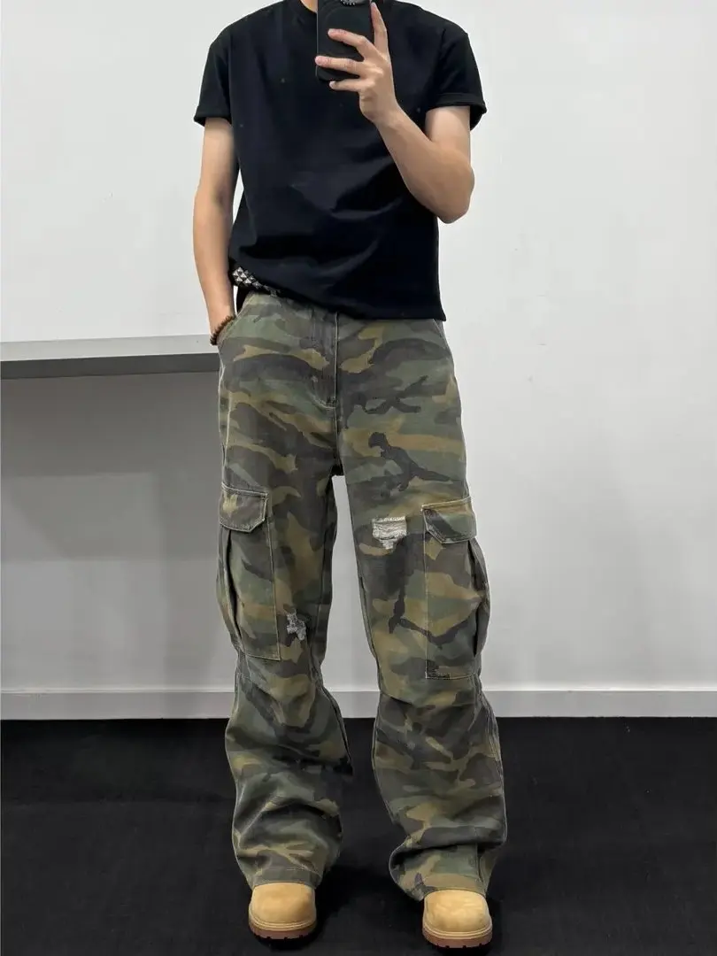 Retro American High Street Camouflage Work Pants Men's Loose Straight Leg Washed Multi Pocket Casual Long Trousers Trendy