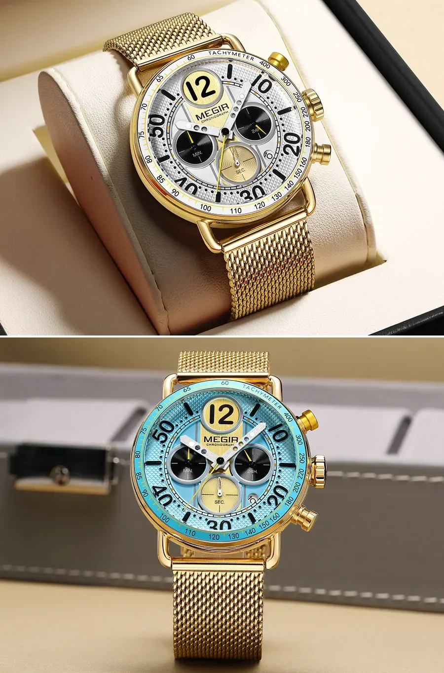 MEGIR Waterproof Quartz Watch with Blue Dial Chronograph Stainless Steel Mesh Strap Date Multifunctional Sports Wristwatch Brig