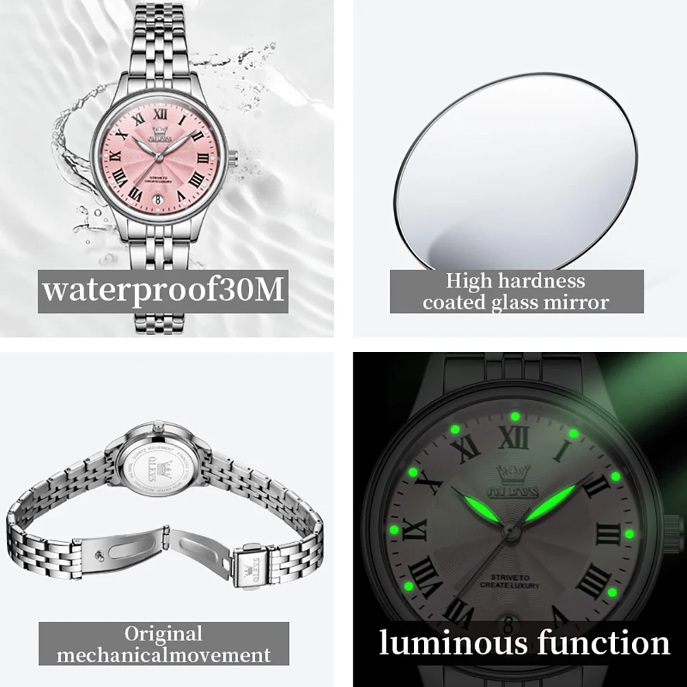 OLEVS Original Luxury Brand Quartz Watches Stainless Steel Watchstrap Elegant Lady Bracelet Luminous Waterproof Watch for Women