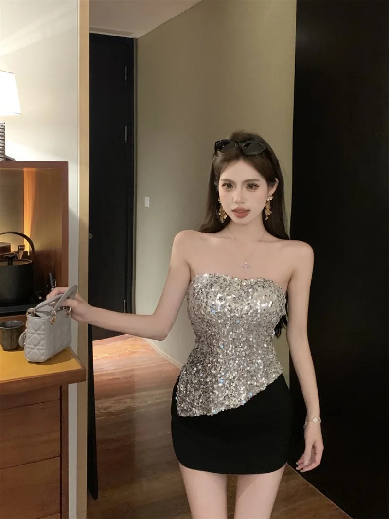 

Spicy Girl Fashion Irregular Sequined Strapless Vest Top Women Backless Collarbone Sleeveless Sweet Korean Temperament Lady Wear