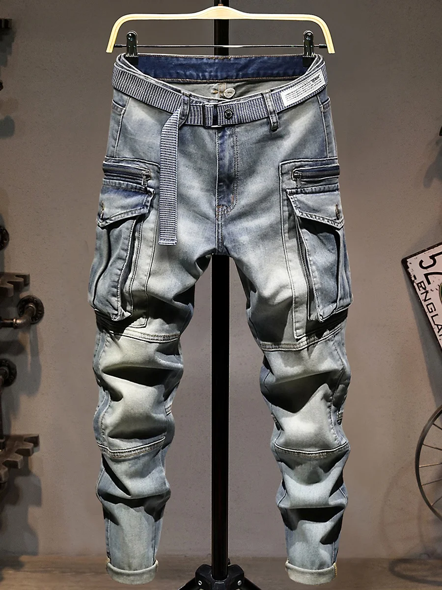 

Retro American Workwear Sle Men's Jeans Elastic Multi-ket High-End Waed Casual Motorcycle Straight Leg Long Trousers