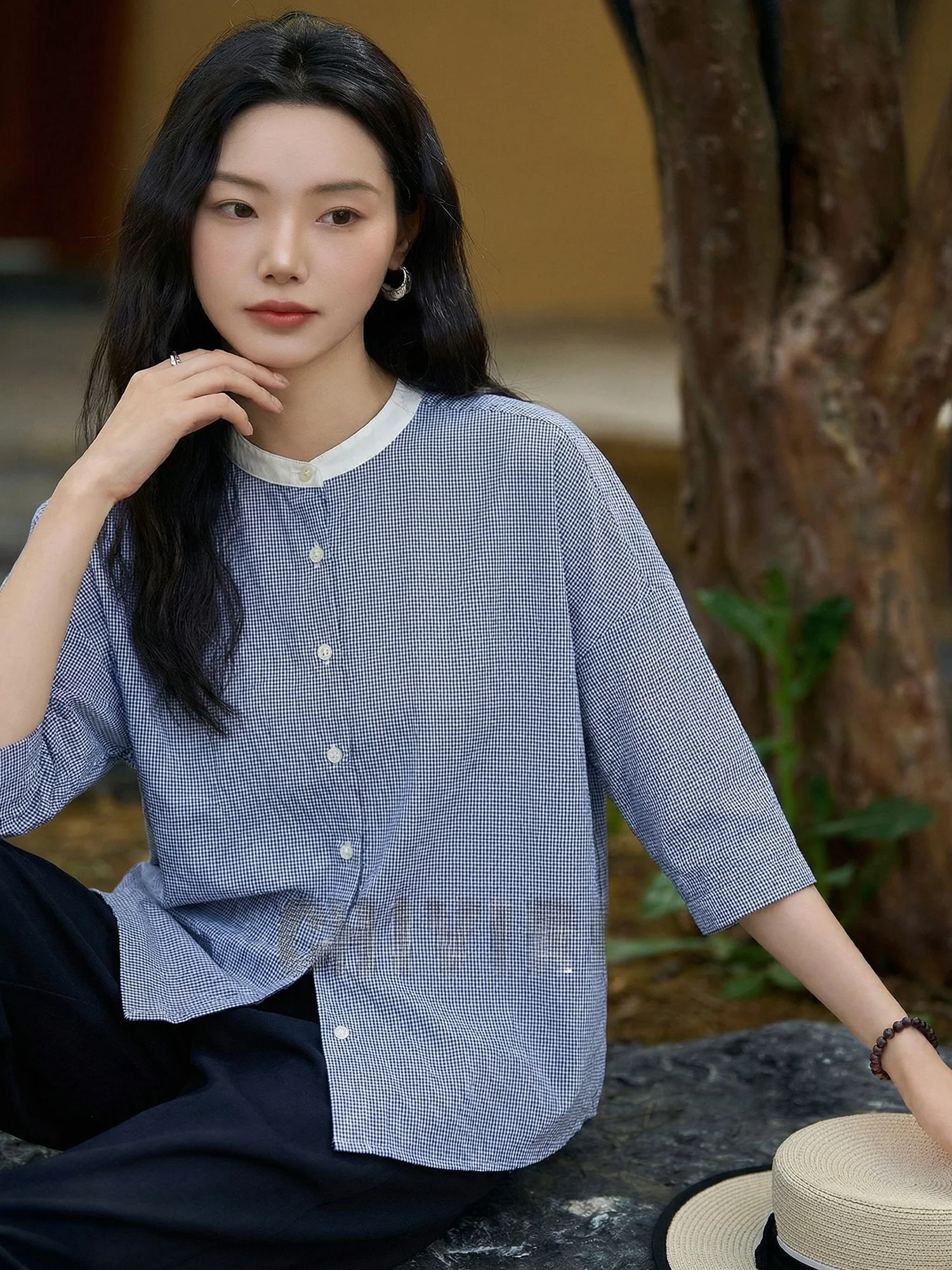 

Chivirin Linen Silk irt Women's Spring Loose Fit round Ne Seven Sve Striped Pattern Breathable Comfortable Commute irt