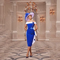 Unique Hot Sale Royal Blue Mother of the Bride Dresses Short   Tea Length Wedding Guest Gowns Off Shoulder Sleeves