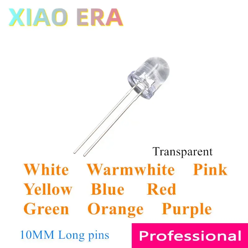 

10MM DIP LED 1000PCS F10 Transparent White Warmwhite Yellow Blue Red Green Orange Purple Pink Long pins Round top