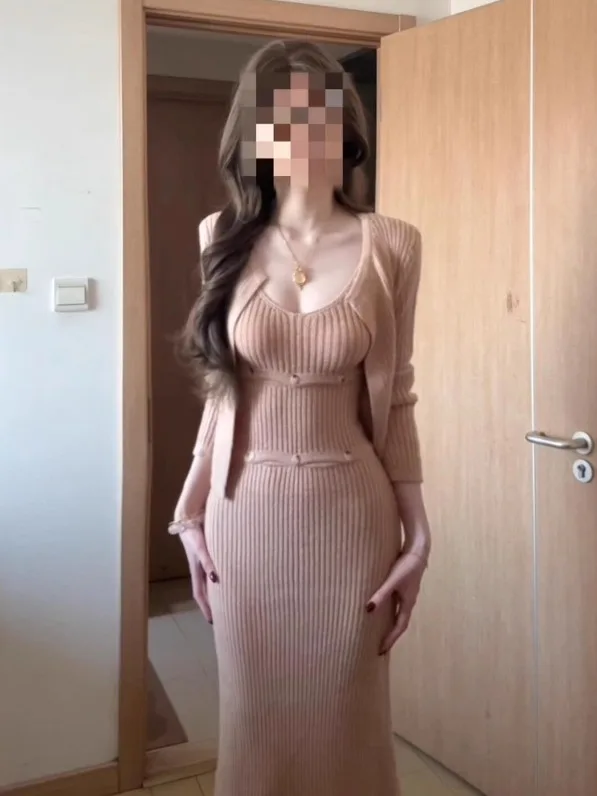 

Unique Knitted Knit Cardigan And Strap Dress Two-Piece Set Show Figure Gentle Style Summer Collection Fashionable Women's Ens...