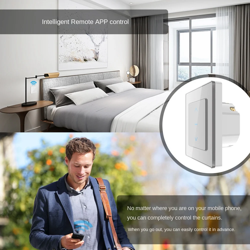 WiFi Smart Curtain Switch Touch Design for Motorized Curtains Blinds Work+ and Smart Life App Black EU Plug