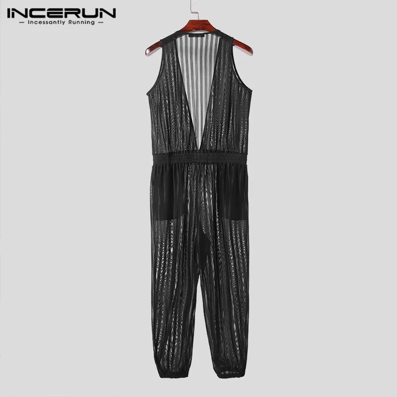 2024 Heren Jumpsuits Mesh Transparant Gestreepte Diepe V-Hals Mouwloze Streetwear Mannelijke Rompers Trekkoord Mode Overalls Incerun