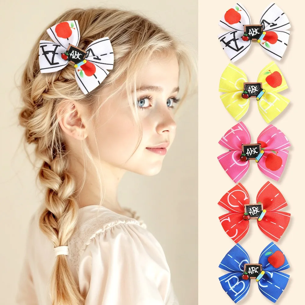 

30pcs/lot Girls Hair Clips Set Letter Print Ribbon Bows Apple Fruit Pattern Back to School Barrettes Kid Headwear Bulk