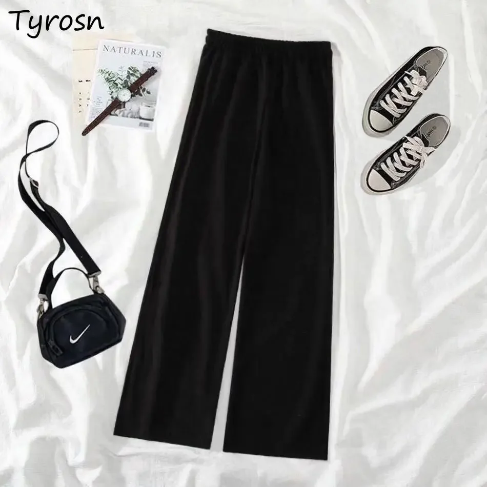 

Повседневные брюки женские однотонные черные Harajuku с эластичной резинкой на талии свободные брюки до щиколотки универсальные прямые брюки в корейском стиле для студентов