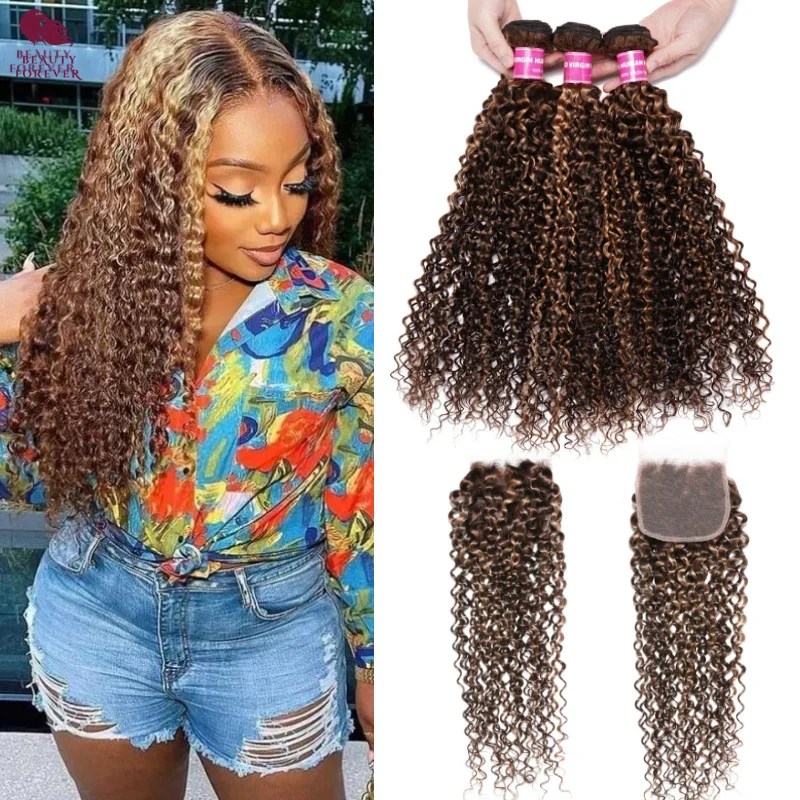 

Beautyforever Highlights Human Hair Bundles With Closure Grade 12A Brazilian Curly 3 Bundles With Closure 100% Human Hair