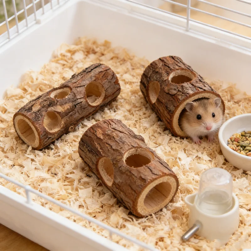 Wooden Hamster Tree Hollow Toy Fir Stump Hideout Burrow Tunnel Cage Decor Chew Grinding Toy for Small Pet Syrian Hamster