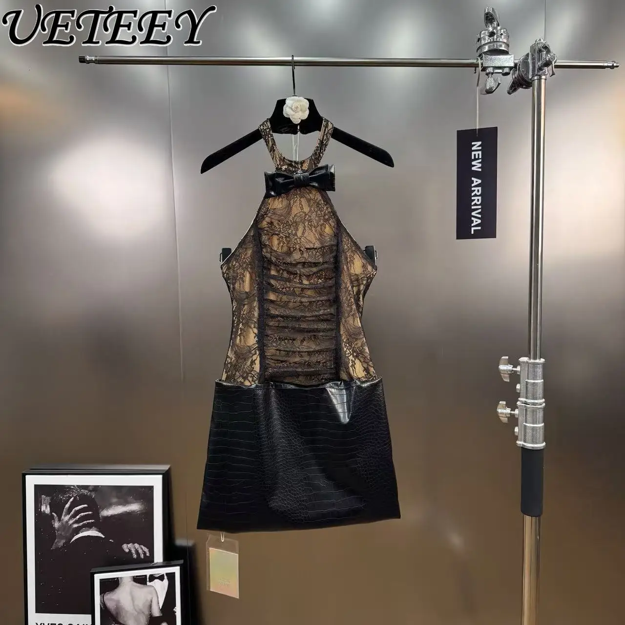 

Autumn Winter New Sexy Hot Girl Pure Desire Halter Short Dress Lace Patchwork PU Leather Backless Party Dresses for Women