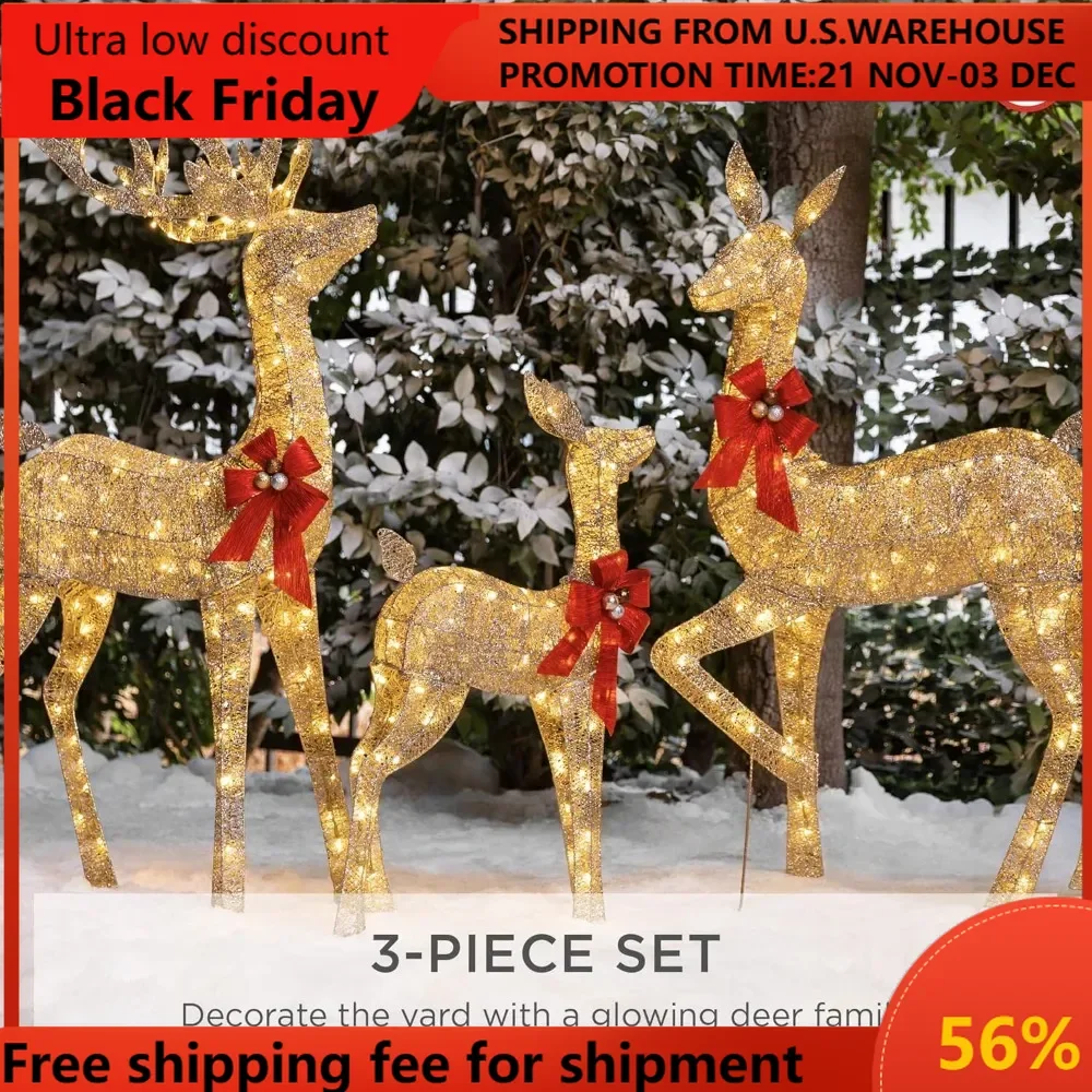 3-Piece Large Lighted Christmas Deer Family Set 5Ft Outdoor Yard Decoration with 360 LED Lights, Stakes, Zip Ties